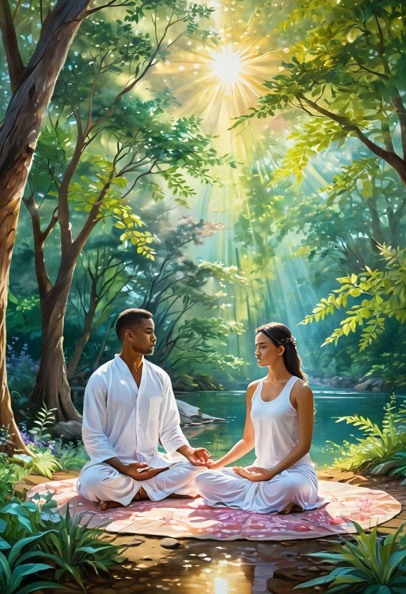 A serene scene of a couple meditating together in a peaceful outdoor setting, surrounded by nature's beauty, with radiant light symbolizing spiritual connection. Soft floral elements and harmonious colors reflect deep affection and devotion. Ethereal leaves and delicate symbols of love float around them, creating a dreamlike atmosphere. painting. vibrant colors. soft focus.