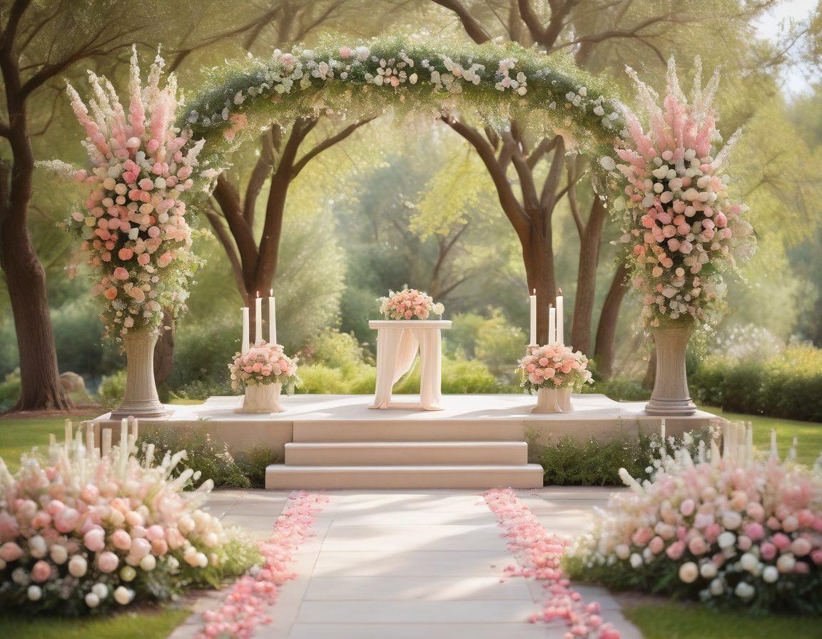 A beautifully decorated wedding altar surrounded by blooming flowers, with two intertwined rings in the foreground symbolizing sacred unions, and guests celebrating in elegant attire. Soft pastel colors to evoke romance and joy, with subtle light filtering through trees in the background. painterly style. vibrant colors.