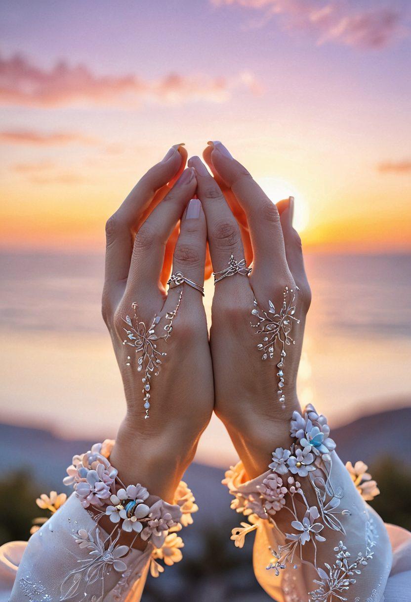A serene and magical scene depicting two hands intertwined, adorned with delicate floral designs representing unity and love. In the background, a soft sunrise brightens the horizon, symbolizing new beginnings and connections formed in sacred unions. Subtle sparkles around the hands convey spirituality and devotion. The color palette includes soothing pastels to evoke tranquility and warmth. super-realistic. vibrant colors. 3D.